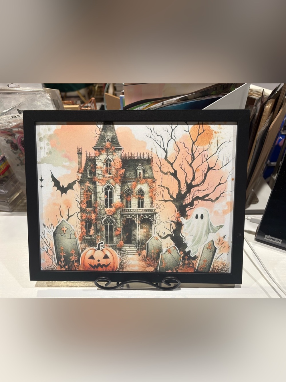 Halloween Haunted House Ghost Pumpkin Art Print Framed 8x10 Decor